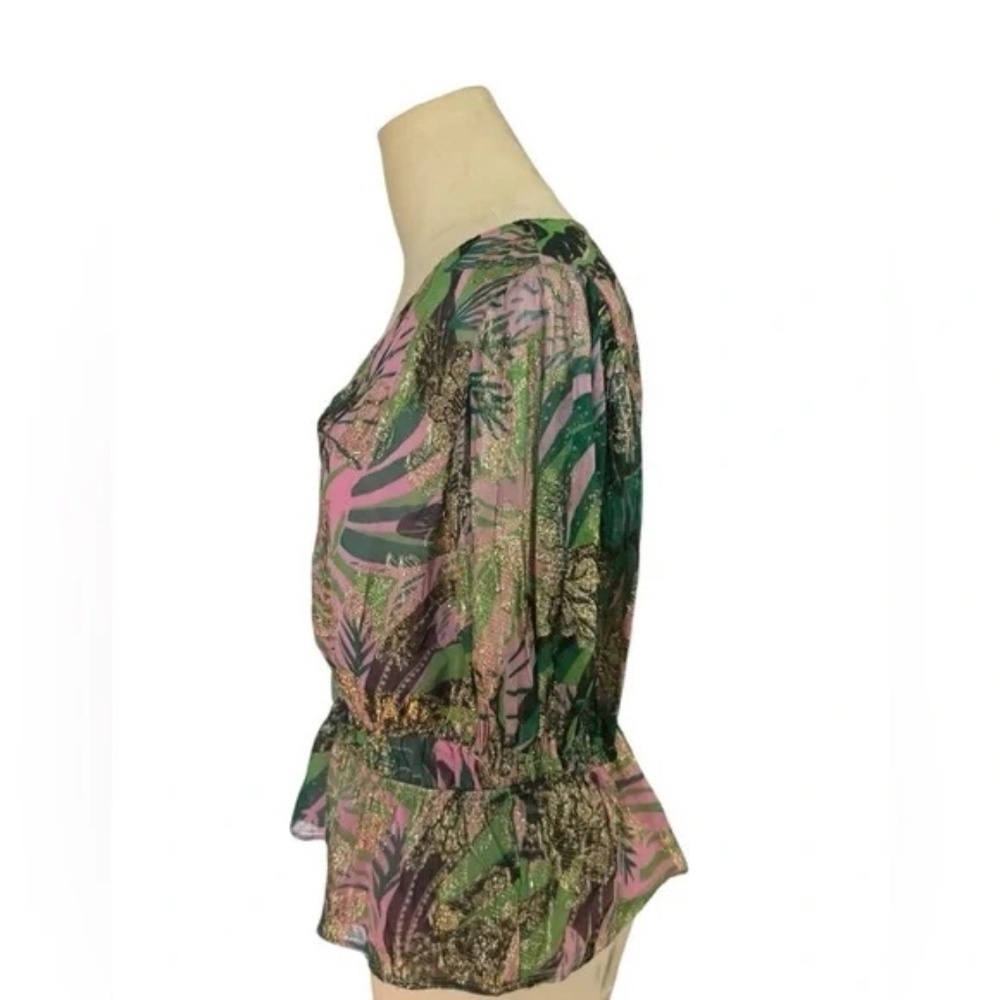 OLIVER BONAS Tropical Jacquard Metallic Blouse Sz 6 - Picture 2 of 7